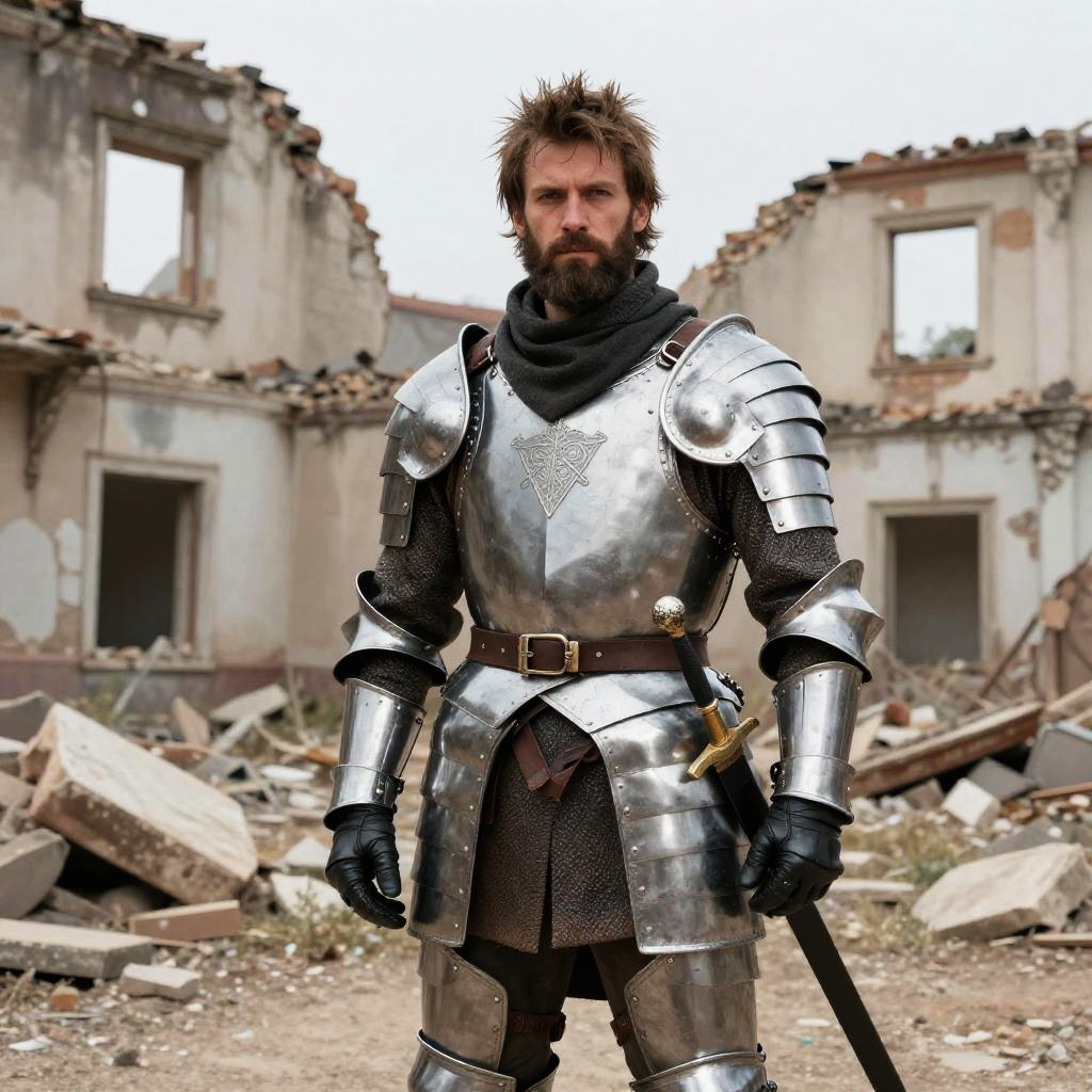 Medieval Knight in Armor Standing in Ruins with Sword