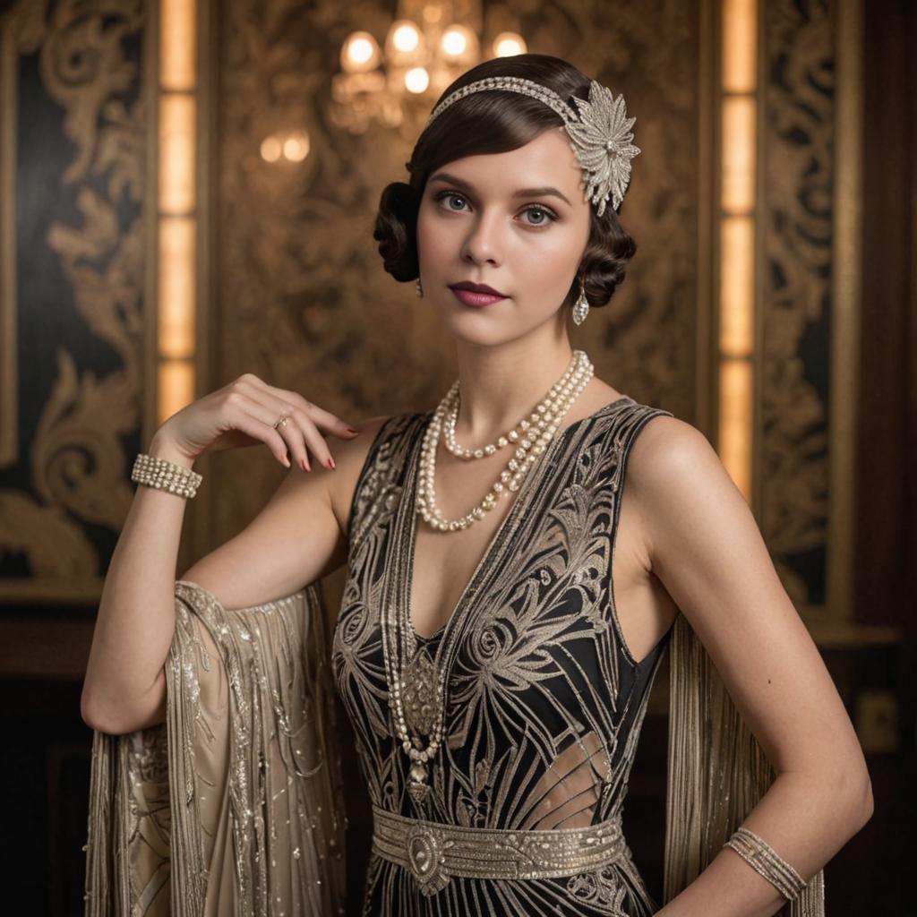 Elegant 1920s Flapper Woman in Opulent Gown