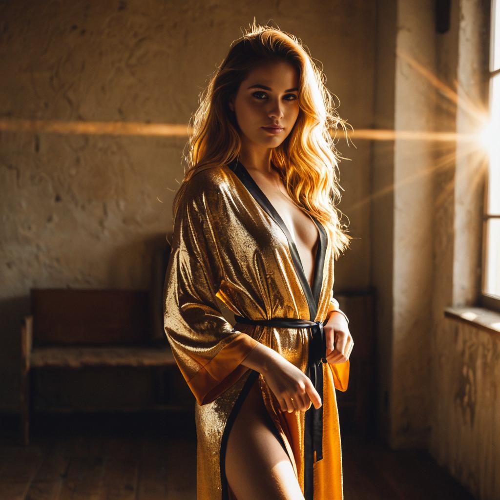 Golden Light Woman in Shimmering Robe by Window