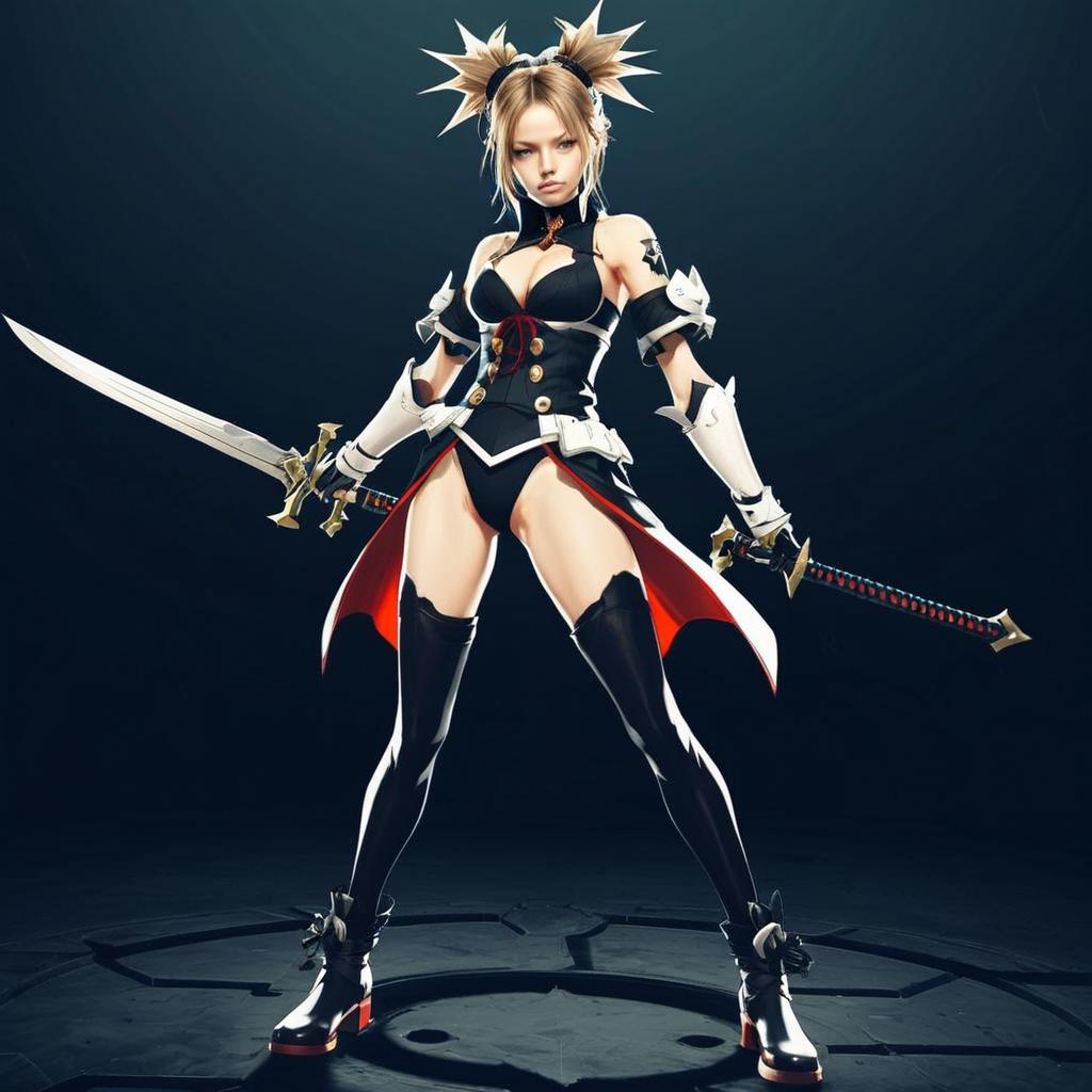 Anime Style Female Warrior in Black and White Armor with Dual Swords