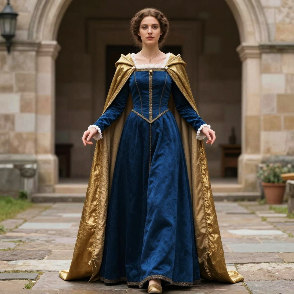 Medieval Cloak and Blue Dress on Woman in Historical Costume