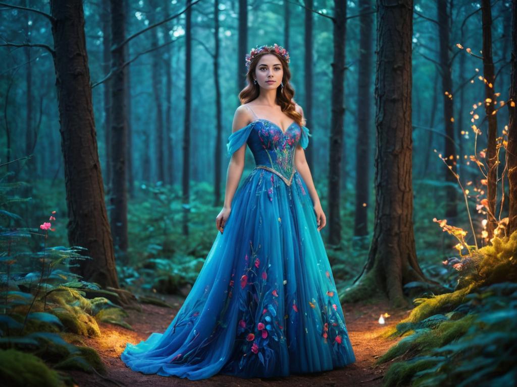 Woman in Blue Gown in Mystical Forest