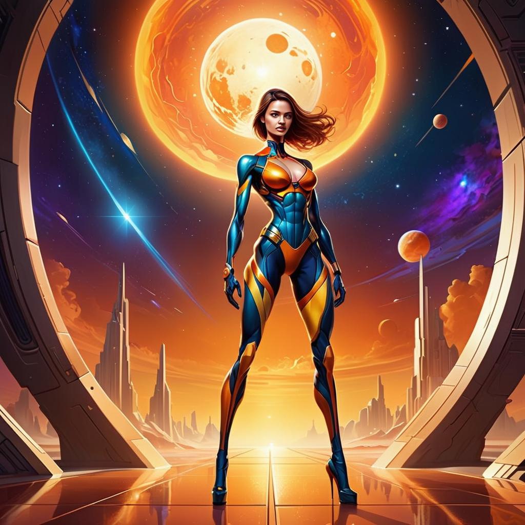 Confident Woman in Futuristic Bodysuit Against Sci-Fi Background