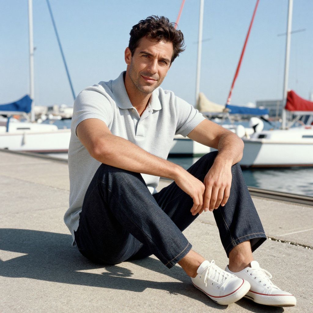 Casual Man Sitting on Dock Near Sailboats