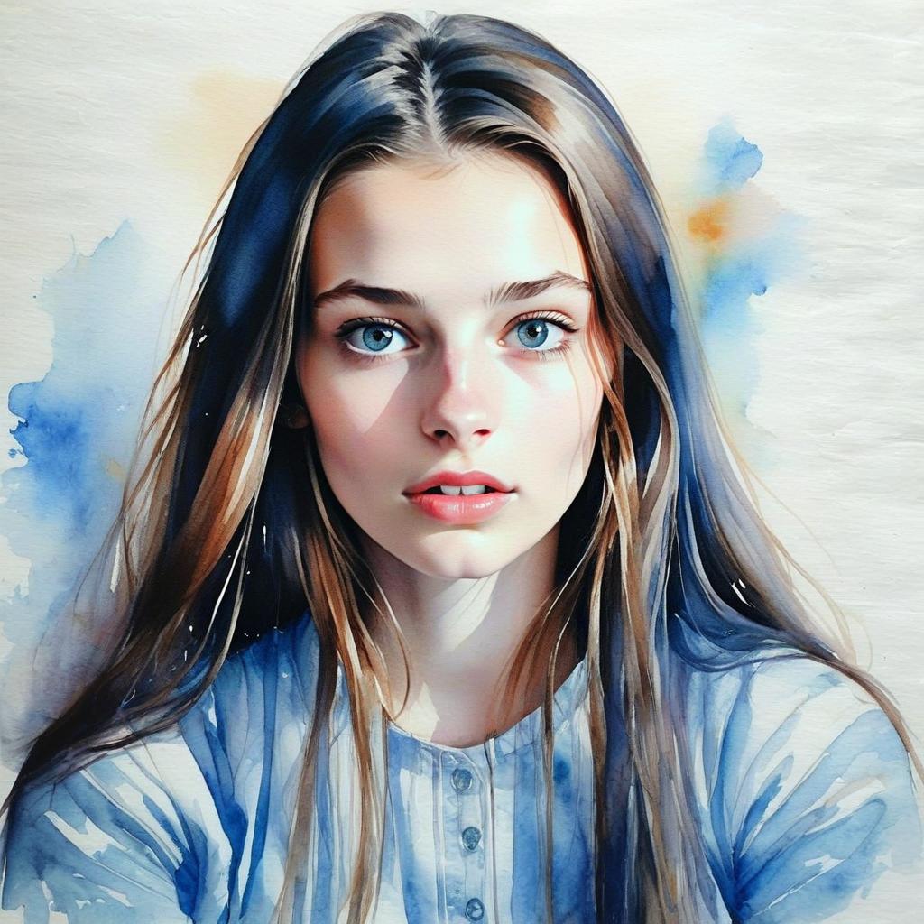Watercolor Portrait of a Young Woman with Blue Eyes Watercolor Portrait of a Young Woman with Blue Eyes