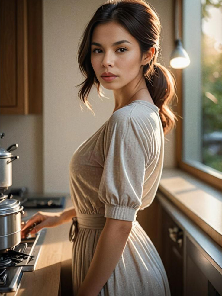 Elegant Vintage Woman in Softly Lit Kitchen