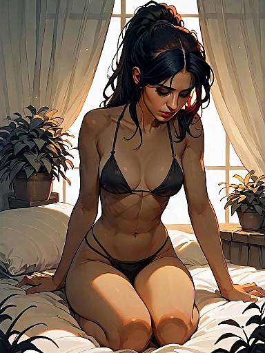 Anime Style Woman in Black Bikini Kneeling on Bed with Warm Window Light