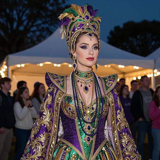 Woman in Elaborate Purple Green Gold Mardi Gras Costume with Beaded Headdress