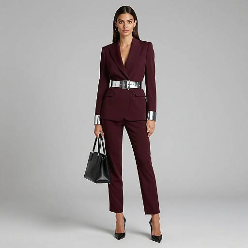 Gen Z Burgundy Pantsuit with Metallic Silver Accents on Woman