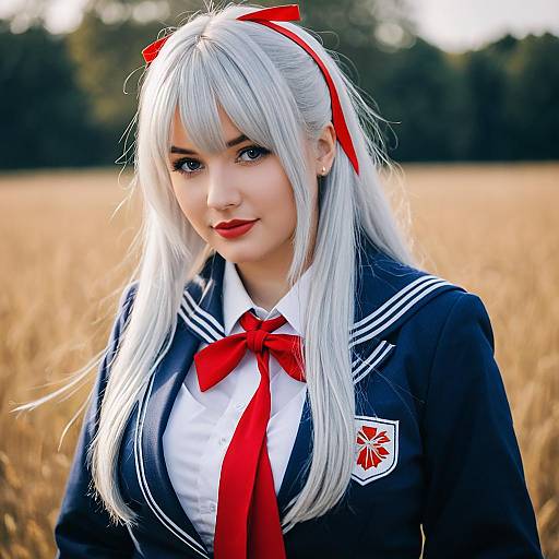 Woman in Anime-Inspired Navy Blue Sailor Uniform with Silver Hair and Red Ribbons