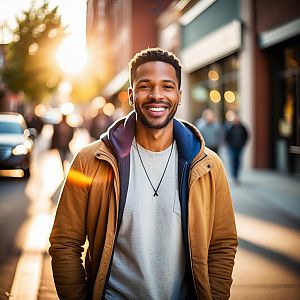 Young Man Smiling on Sunny City Street