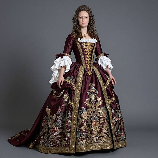 Woman Wearing Ornate Baroque-Style Burgundy Gown with Gold Embroidery