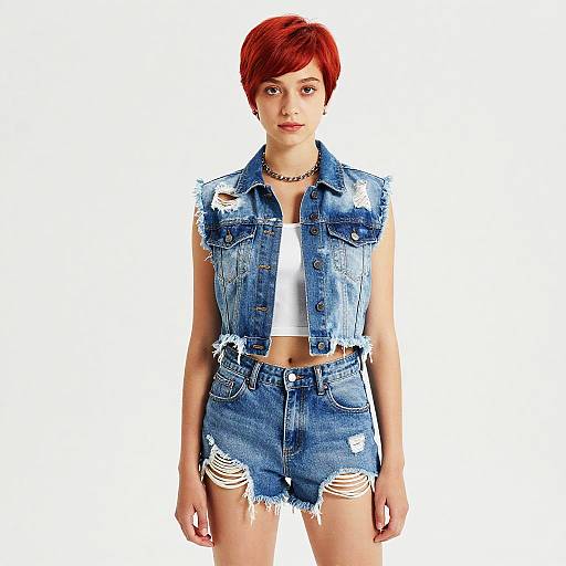 Gen Z Fashion Woman Wearing Distressed Denim Vest and Shorts