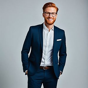 Confident young man in navy suit with glasses