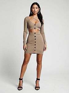 Woman Wearing Contemporary Tan Body-Hugging Knit Dress with Long Sleeves