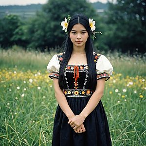 Woman in Traditional Embroidered National Costume with Flower Adornments in Field