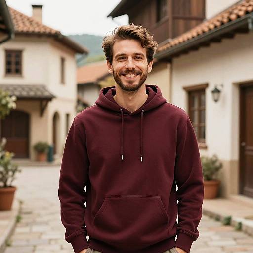 Young Man in Maroon Hoodie Smiling Outdoors in Village