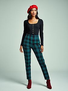 Woman Casual Chic Black Ribbed Bodysuit with Scoop Neckline and Plaid Pants Outfit