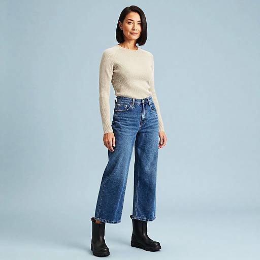 Modern Casual Fashion Woman in High-Waisted Jeans and Knit Sweater