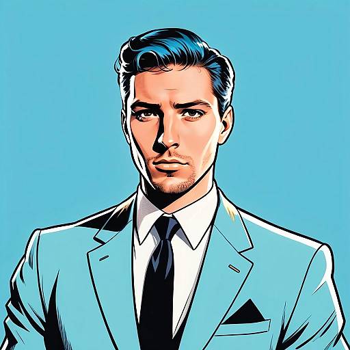 Illustrated Portrait of a Man in Light Blue Suit on Blue Background