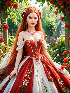 Young Woman in Red Gown in Garden with Roses