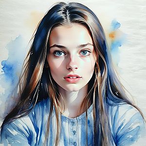 Watercolor Portrait of a Young Woman with Blue Eyes