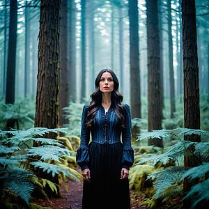Woman in Mystical Forest with Dark Dress