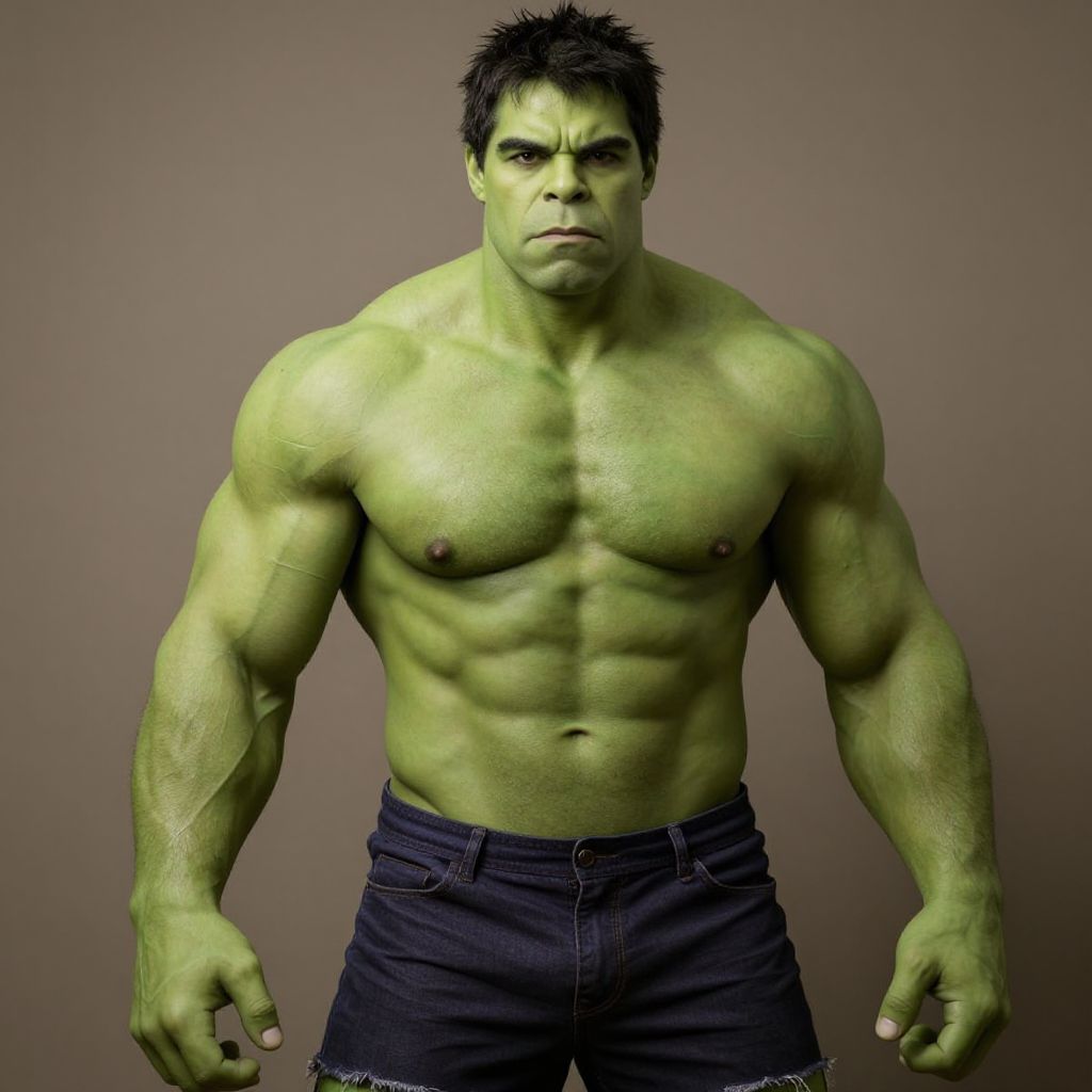 Muscular Man Dressed as Hulk with Green Body Paint and Denim Shorts