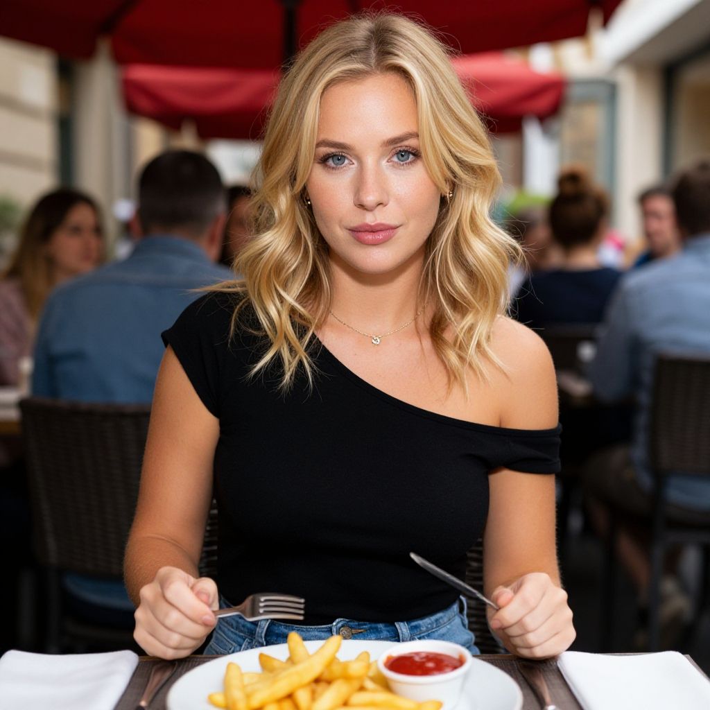 Blonde Woman Enjoying French Fries at Outdoor Restaurant
