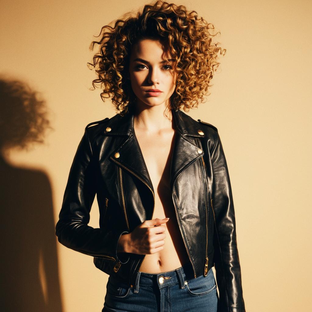 Curly Haired Woman in Black Leather Jacket Against Beige Background