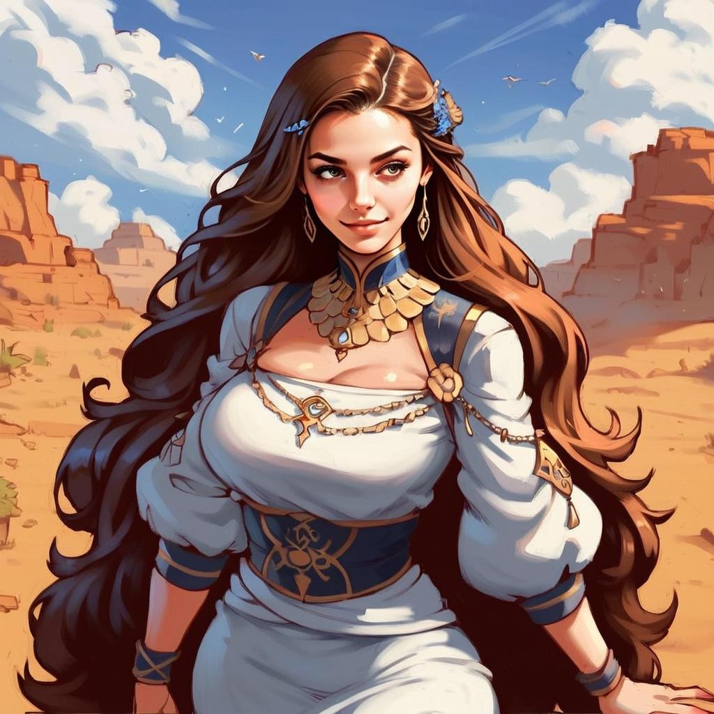 Anime Style Fantasy Woman in Desert Landscape Illustration