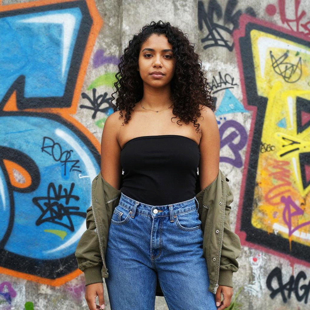 Confident Young Woman in Street Style Against Colorful Graffiti Wall