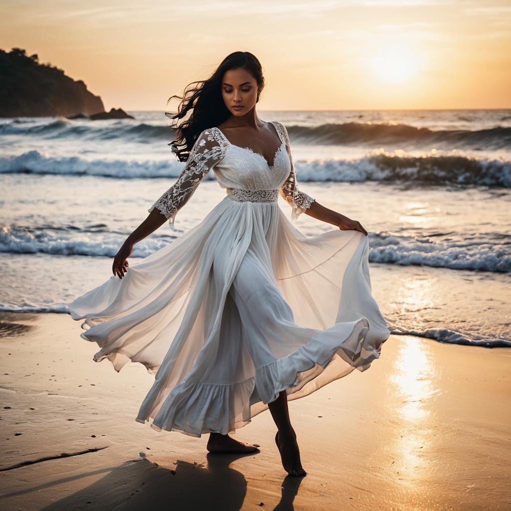 Woman in White Lace Dress Twirling on Beach at Sunset