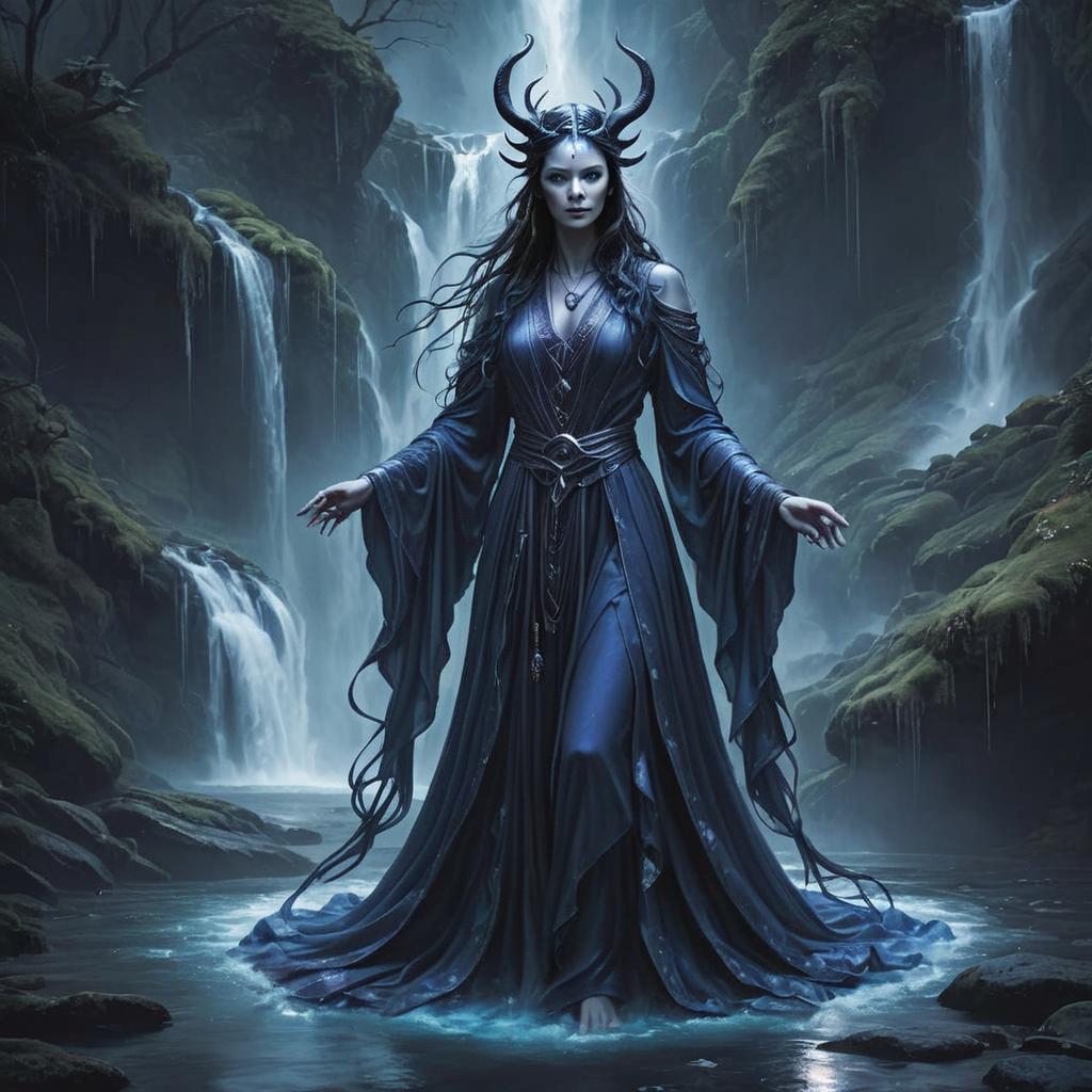 Mysterious Woman in Dark Gown by Waterfall
