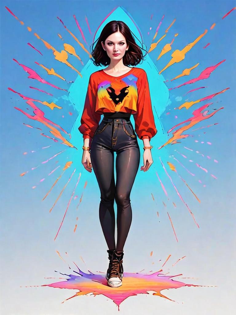 Casual Woman Full Body Shot with Colorful Splash Background - Realistic Comic Style Illustration
