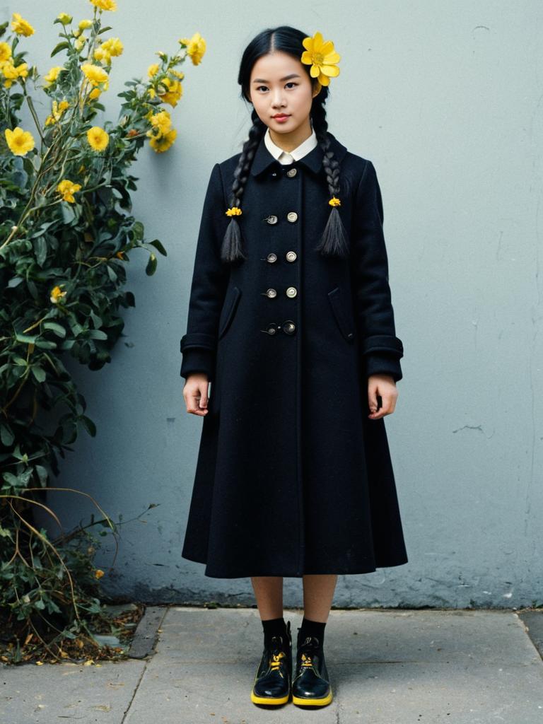 Young Woman Wearing Black Double-Breasted Coat with Yellow Flower Accents
