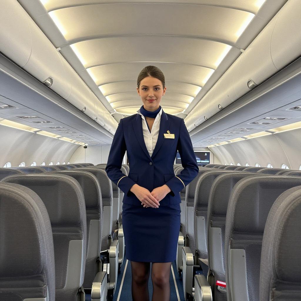 Professional Female Flight Attendant in Modern Airplane Cabin