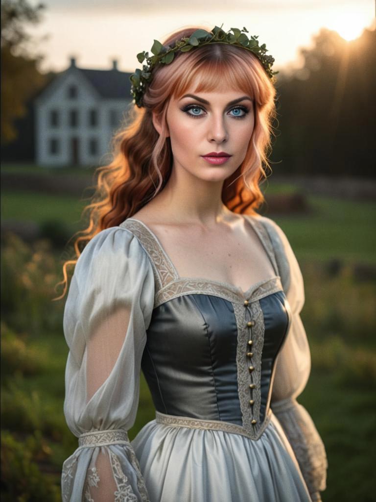 Elegant Woman in Historical Gown at Sunset