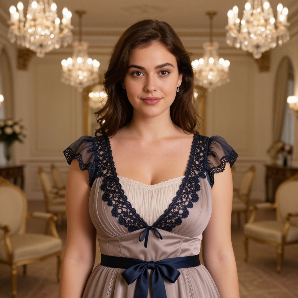 Elegant Woman in Vintage Lace Dress in Luxurious Classical Interior