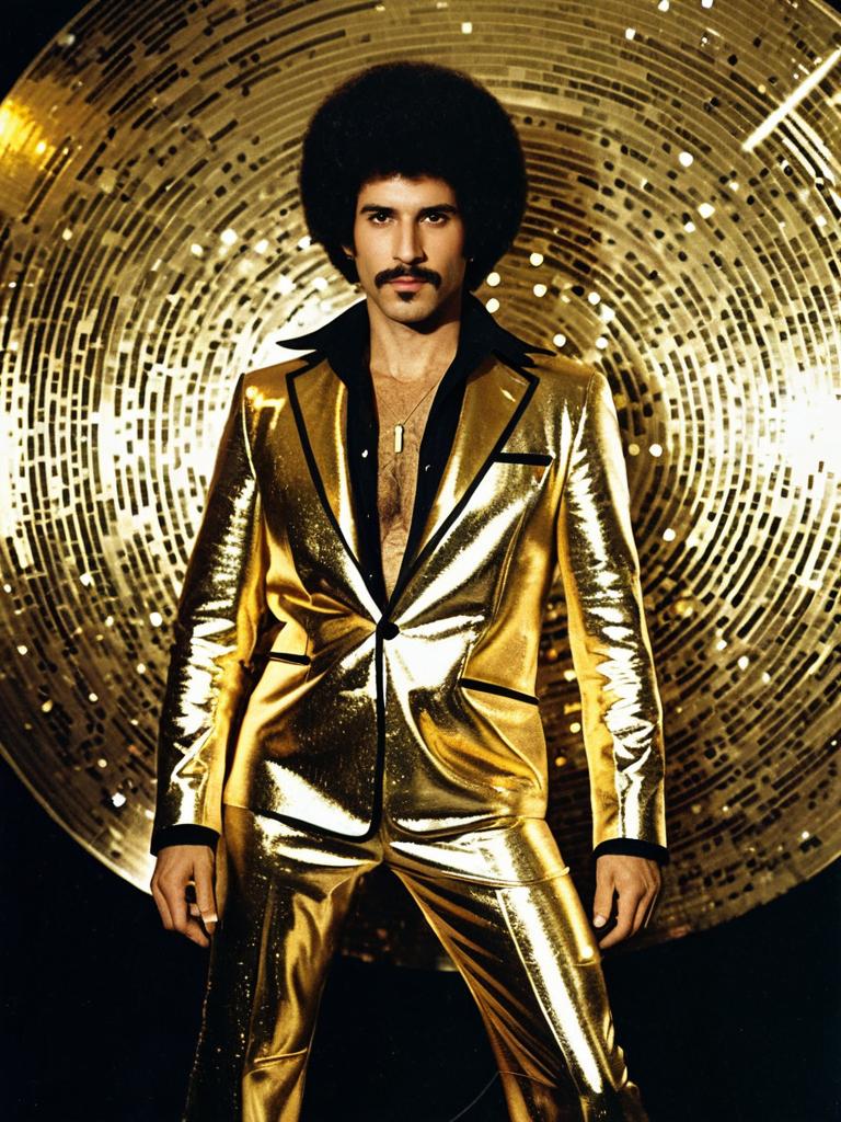 Man in Gold Disco Costume with Afro Hairstyle in Retro 1970s Style