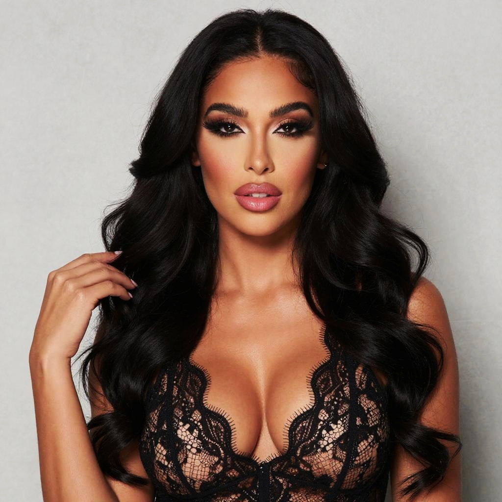 Glamorous Woman with Black Lace Top and Bold Makeup Style