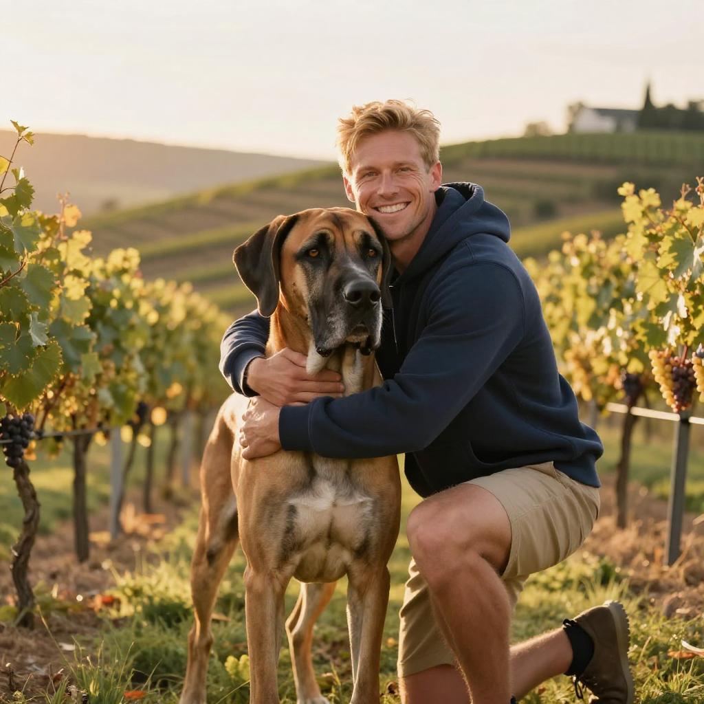 Young Man Hugging Great Dane in Vineyard Outdoors