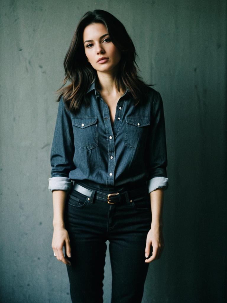 Stylish Woman in Black Jeans and Denim Shirt Outfit Cinematic Realism