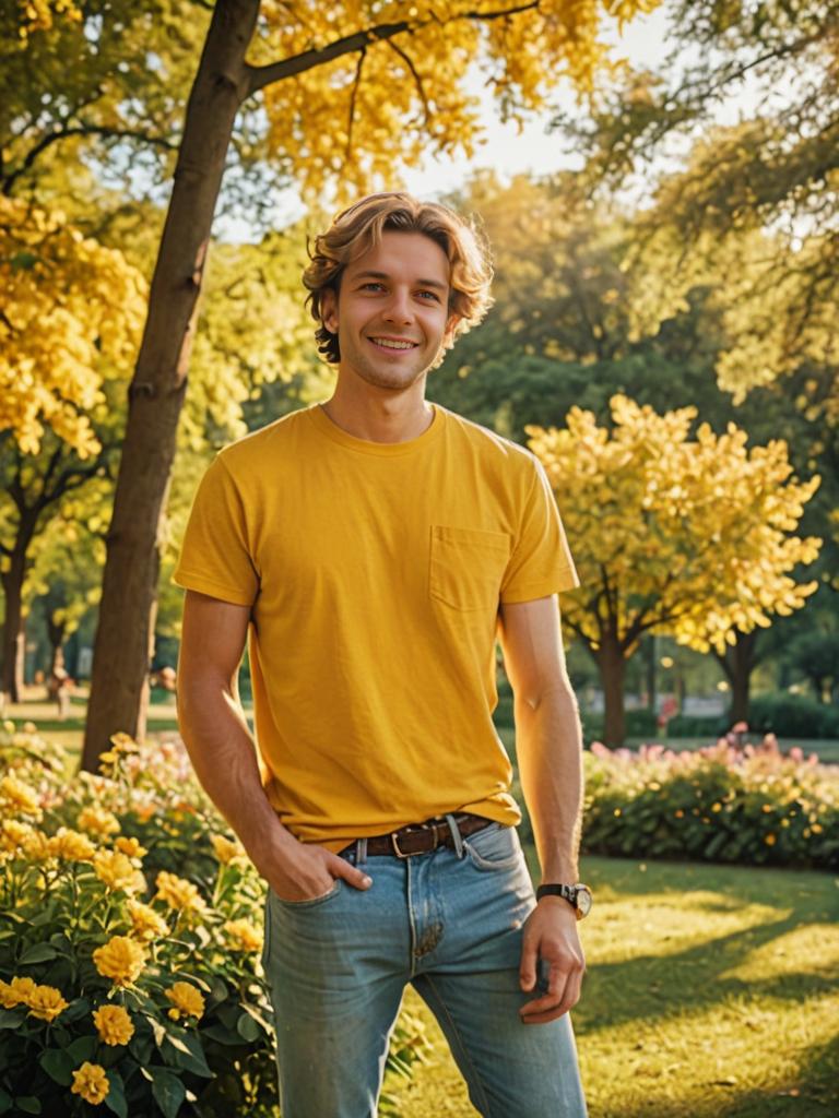 Happy man in yellow t-shirt in sunny park