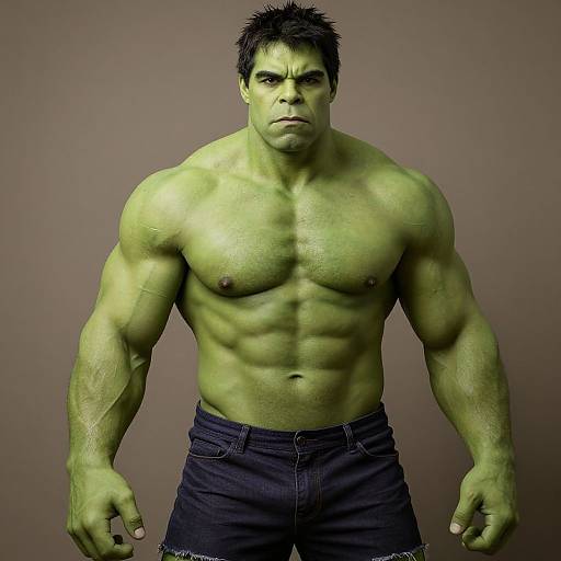 Muscular Man Dressed as Hulk with Green Body Paint and Denim Shorts