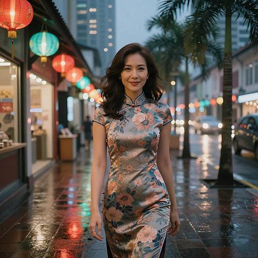 Elegant Woman in Floral Cheongsam Walking on Lantern Lit City Street