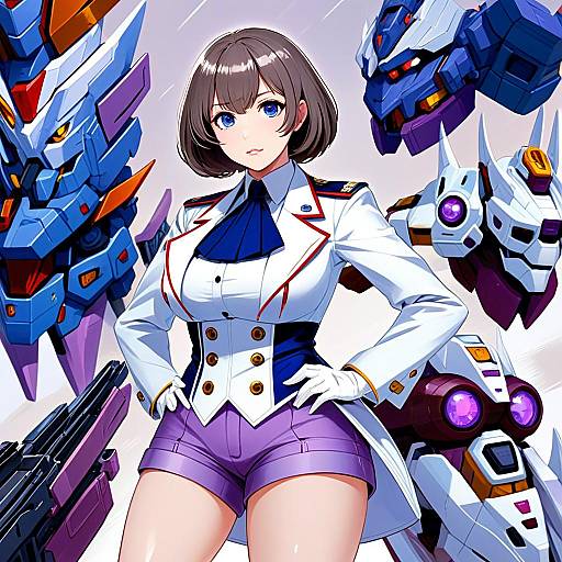 Anime Woman in Military Uniform with Mecha Robots Illustration