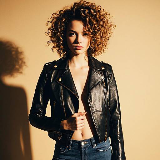 Curly Haired Woman in Black Leather Jacket Against Beige Background