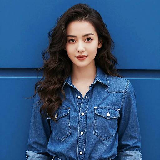 Confident Young Woman in Denim Shirt Against Blue Wall