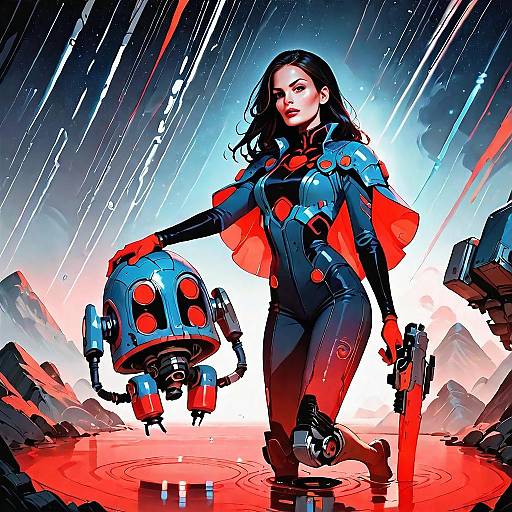 Futuristic Woman with Robot Companion in Cyberpunk Sci-Fi Battle Armor